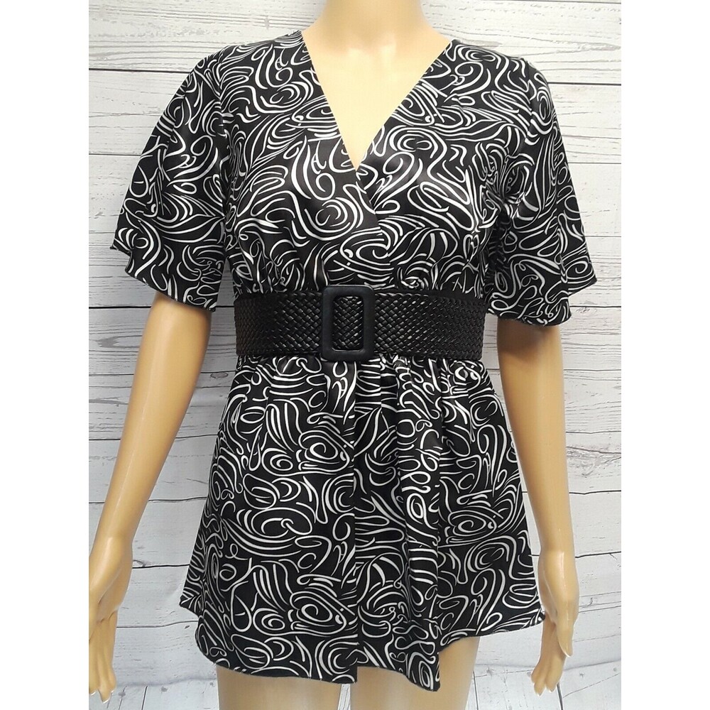 Siren Lily Blouse Top White black  Braided Front faux Belt womans Sz S